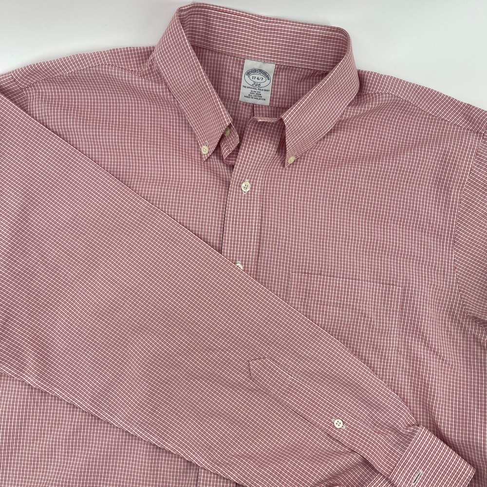 Brooks Brothers Red Gingham Slim Fit Oxford Button Down Shirt Men 17-6 7